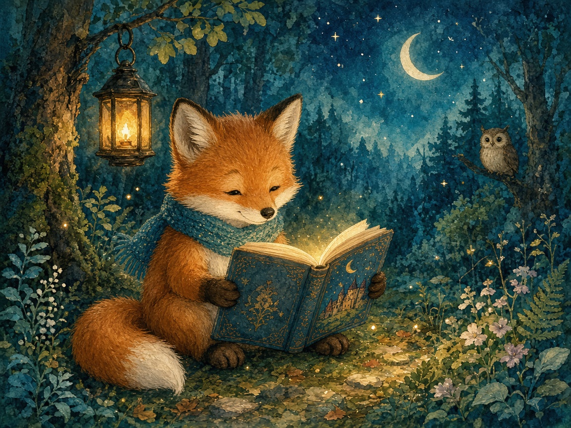 Sample illustration: fox reading a storybook by lantern light